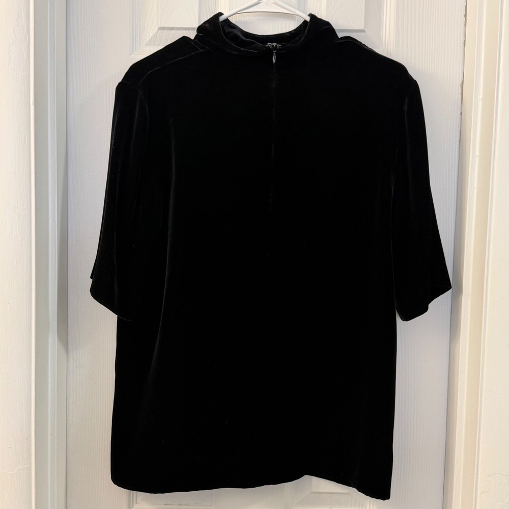 Theory Velvet Mock Neck V Neck Slit Collar Blouse Top Black Size S - Picture 2 of 5